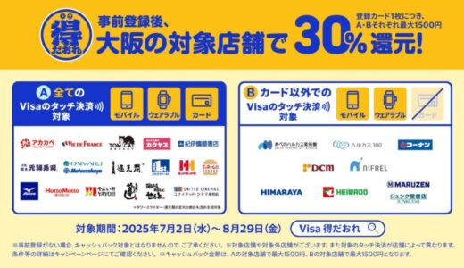 「大阪エリア振興プロジェクト」の一環として『大阪限定 Visaのタッチ決済キャッシュバックキャンペーン 第7弾』明日7月2日より開始