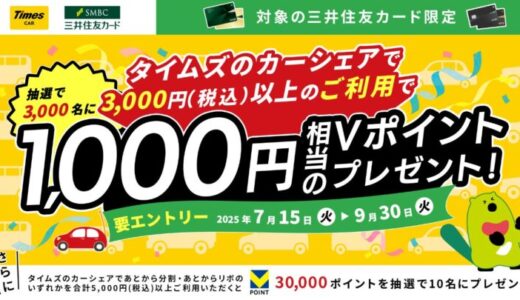 三井住友カード、タイムズのカーシェア利用で最大3万円相当のVポイントが当たるキャンペーンを開催