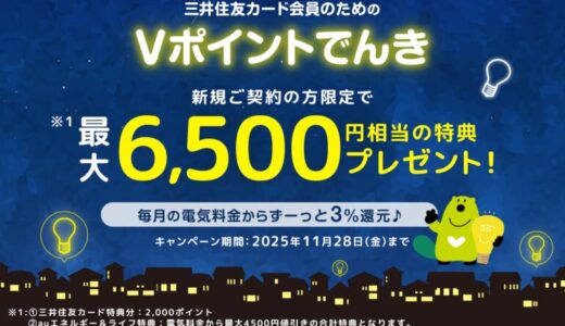 三井住友カード、「Vポイントでんき新規ご契約の方限定！最大6,500円相当の特典をプレゼント！」キャンペーンを実施